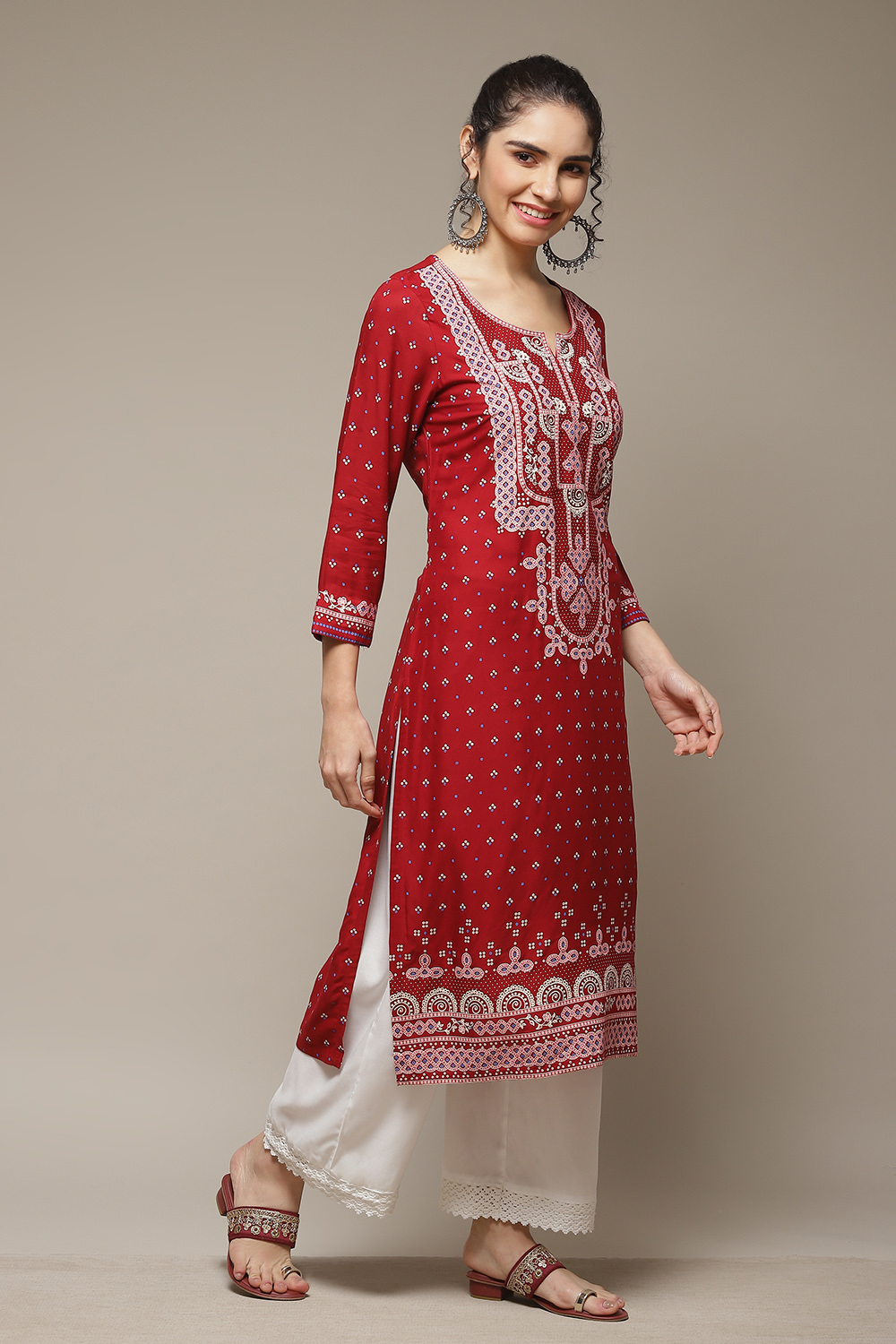 Red LIVA Straight Kurta image number 5